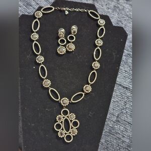 Black Tone Floral Link Necklace & Earring Set - Elegant Statement Jewelry